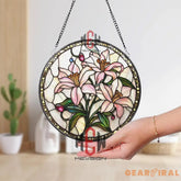 Pink Lily Stained Glass Suncatcher Floral Window Hanging Elegant Round Glass Panel Pastel Flower Decor Garden Lover Gift